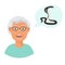 Snakes scared head of eldery woman cartoon vector illustration. Grandmother suffering from the fear and terror of