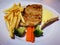 snapper fish beef and Pork Chop Steak grilled with butter bread potato fried and vegetable