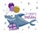 Snappy Birthday - happy greeting with cute shark with birthday peresent and balloons