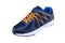 Sneakers blue with orange laces.