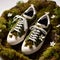 sneakers made from green leaves and moss, small white flowers growing from moss, white background, box,