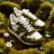 sneakers made from green leaves and moss, small white flowers growing from moss, white background, box,