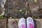 Sneakers shoes walking on concrete look top view , Canvas shoes on dirty area