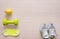 Sneakers, yellow socks, green dumbbell, lemon, top view, flat la