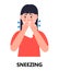 Sneezing, cough girl icon vector. Flu, cold, coronavirus symptom is shown. Woman sneeze in hands taking wipe. Infected