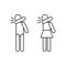 Sneezing in the elbow. The man and woman cover their faces with their hands. Black linear outline icon