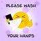 Sneezing emoji with phone, please wash your hands message, on purple virus background