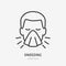 Sneezing man line icon, vector pictogram of flu or cold symptom. Man covering cough with napkin illustration, sign for