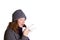 Sneezing woman warm clothes isolated