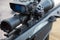Sniper gun, optics scopes close up. Elements of the sniper rifle with tactical body.  Selective focus