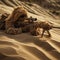 Sniper wearing a tan ghillie suit laying on a sand dune ready to attack.
