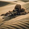 Sniper wearing a tan ghillie suit laying on a sand dune ready to attack.