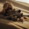 Sniper wearing a tan ghillie suit laying on a sand dune ready to attack. Close-up