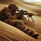 Sniper wearing a tan ghillie suit laying on a sand dune ready to attack. Close-up