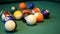 Snooker or billiard. In a billiard club or a night club a man puts billiard balls on a pool table, game is going to begin