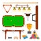 Snooker Icons Set Vector. Snooker, Billiard Accessories. Balls, Cue, Green Table, Lamp. Isolated Flat Cartoon