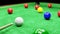 Snooker pool table and billiards ball with dimness light . 3D rendering