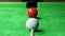 Snooker pool table and billiards ball with dimness light . Player aim at white ball . 3D rendering