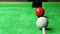 Snooker pool table and billiards ball with dimness light . Sportsman aim at white ball . Copy space at left side . 3D rendering