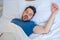 Snore problem concept.Man in bed snoring and sleeping