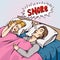 Snoring man in bed with the woman covering ears with the pillow from snore noise, pop art retro comics vector illustration