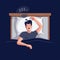 Snoring vector illustration. Young man lying in the bed, snores loudly with open mouth while deep sleep. Male person