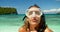 Snorkel, beach and woman blow kiss for outdoor freedom, summer wellness and affection on outdoor tropical island. Ocean