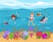 Snorkeling activity, vector children in diving mask swimming in sea observing fauna of coral reef, marine adventures