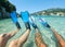 Snorkeling fins, flippers in sea water