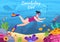Snorkeling Girl with Underwater Swimming Exploring Sea, Coral Reef or Fish in the Ocean in Flat Cartoon Vector Illustration