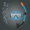 Snorkeling set with diving mash and breathing tube on dark transparent background with bubbles realistic vector illustration
