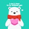 A snow bear is holding a pink heart