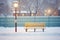 snow blanketed bench and streetlight