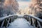 Snow blankets a wooden bridge, transforming it into a winter scene