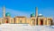 Snow and blue domes and minarets of Hazrati Imam complex, religious center of Tashkent