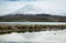 Snow capped high mountains reflected in Lake Chungara