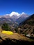 Snow-capped mountain, bluesky and village