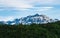 Snow capped mountain outside the small Alaska town of Skagway early in the morning