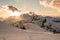 Snow-capped peaks in the European Alps at sunset