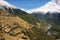 Snow-capped peaks of the Greater Himalayas dominating the valley of the Marsyangdi river, Nepal