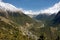 Snow-capped peaks of the Greater Himalayas dominating the valley of the Marsyangdi river, Nepal