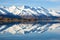 snow-capped peaks reflected in a placid lake