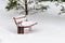 Snow-covered abandoned and forgotten bench in an empty park to which there is not a single trace