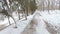 Snow-covered alley in the old part of the housing estate Pridneprovsk