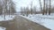 Snow-covered alley in the old part of the housing estate Pridneprovsk