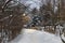 Snow-covered alley in a winter park in Moscow, Russia