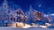 Snow covered alpine town at starry winter night