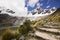 Snow-covered Andes mountains from stone stair of path