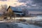 snow-covered barn in a peaceful winter landscape