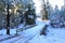 SNow covered beautiful old American rustic country side landscape with bridge, trail and water canal. Peaceful and inspiring